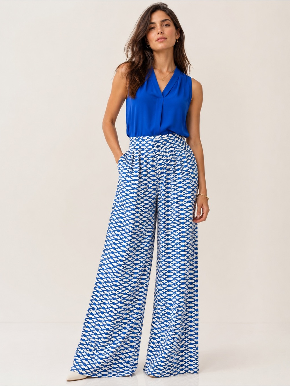 Ro’s Garden Palazzo Pants Women Blue White Print Wide Leg Pull On Size XL NWT